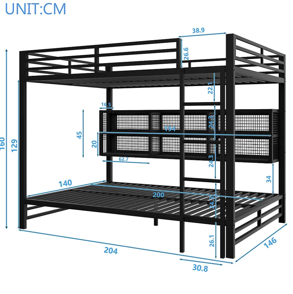Lit Superposé 140x200 cm - Lit Enfant et Ado avec LED et Rangement, Étagères Intégrées, Sans Matelas, en Métal, Noir