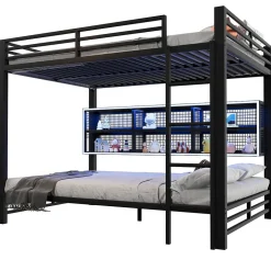 Lit Superposé 140x200 cm - Lit Enfant et Ado avec LED et Rangement, Étagères Intégrées, Sans Matelas, en Métal, Noir