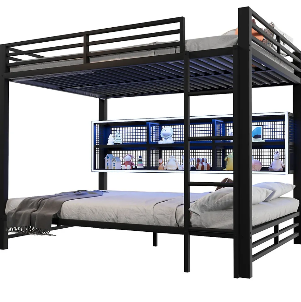 Lit Superposé 140x200 cm - Lit Enfant et Ado avec LED et Rangement, Étagères Intégrées, Sans Matelas, en Métal, Noir