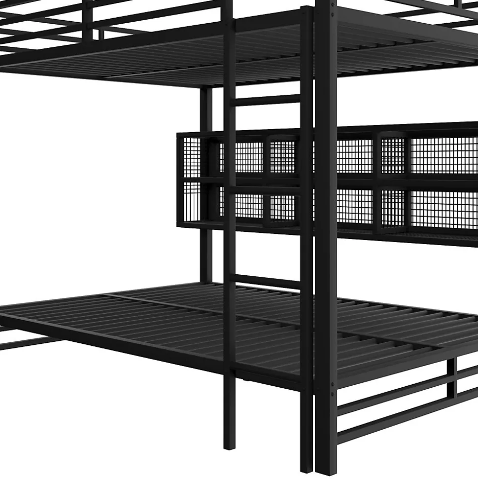 Lit Superposé 140x200 cm - Lit Enfant et Ado avec LED et Rangement, Étagères Intégrées, Sans Matelas, en Métal, Noir