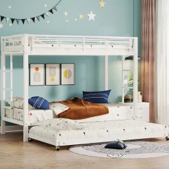 Lit Superposé 90x200 cm - Lit enfant avec Lit Gigogne Extensible, Garde-Corps Hauts, Métal, Blanc - Sans Matelas