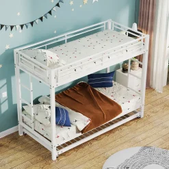 Lit Superposé 90x200 cm - Lit enfant avec Lit Gigogne Extensible, Garde-Corps Hauts, Métal, Blanc - Sans Matelas