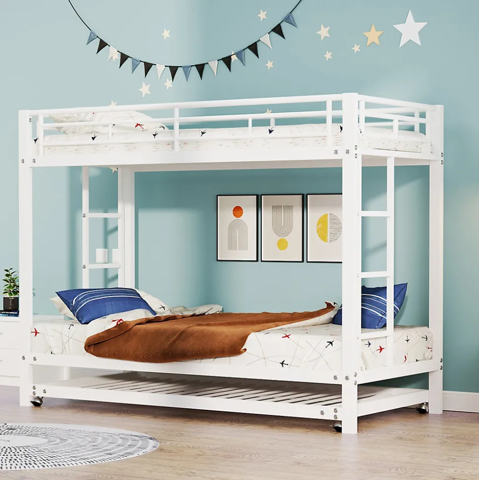 Lit Superposé 90x200 cm - Lit enfant avec Lit Gigogne Extensible, Garde-Corps Hauts, Métal, Blanc - Sans Matelas