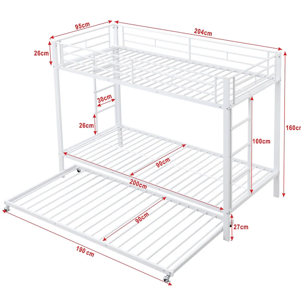Lit Superposé 90x200 cm - Lit enfant avec Lit Gigogne Extensible, Garde-Corps Hauts, Métal, Blanc - Sans Matelas