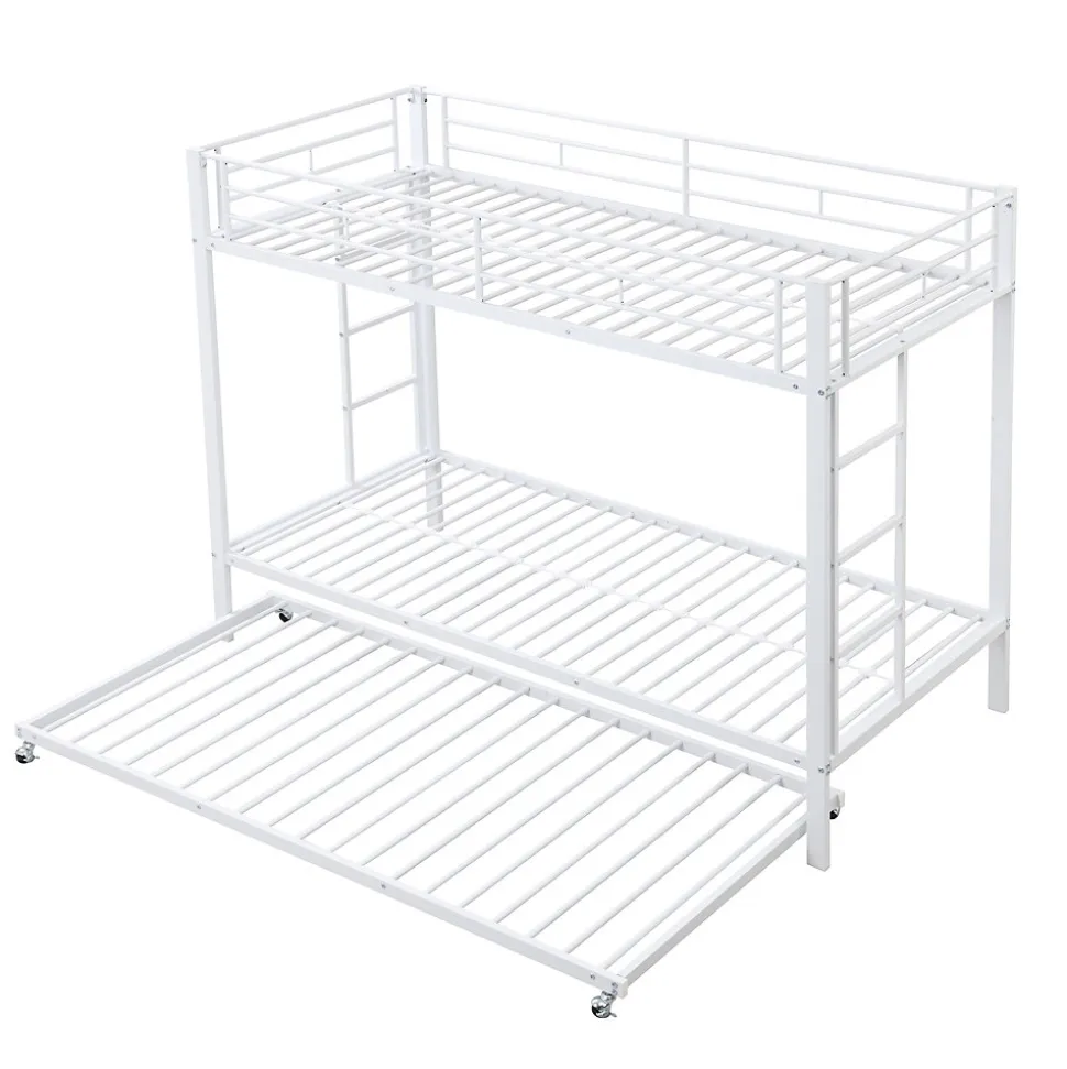 Lit Superposé 90x200 cm - Lit enfant avec Lit Gigogne Extensible, Garde-Corps Hauts, Métal, Blanc - Sans Matelas