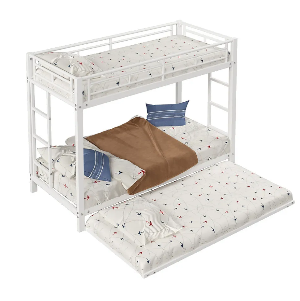 Lit Superposé 90x200 cm - Lit enfant avec Lit Gigogne Extensible, Garde-Corps Hauts, Métal, Blanc - Sans Matelas