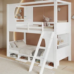 Lit Superposé 90x200 cm - Lit enfant Combiné avec Armoire, Table Pratique et Escalier Sécurisé - Grand Rangement - MDF Blanc