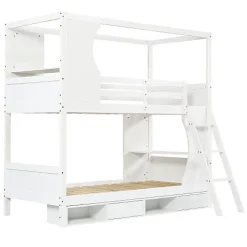 Lit Superposé 90x200 cm - Lit enfant Combiné avec Armoire, Table Pratique et Escalier Sécurisé - Grand Rangement - MDF Blanc