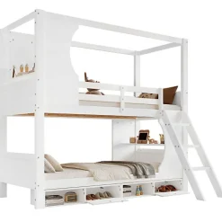 Lit Superposé 90x200 cm - Lit enfant Combiné avec Armoire, Table Pratique et Escalier Sécurisé - Grand Rangement - MDF Blanc