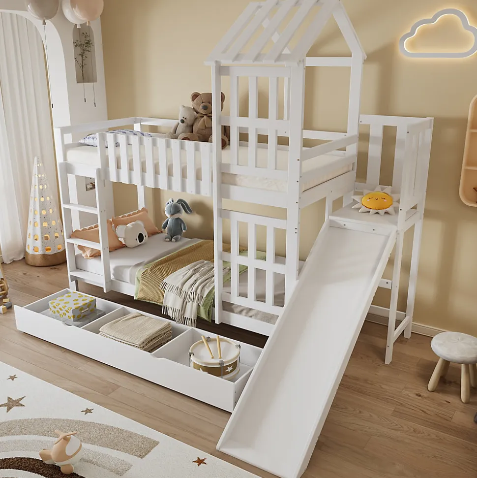 Lit superposé 90x200 cm - Lit enfant avec espacement de 92,8 cm - Bois massif + MDF - Sans matelas - Blanc