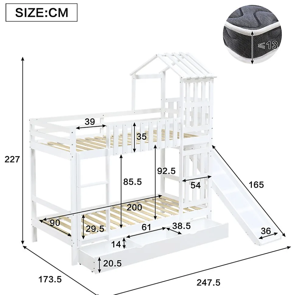 Lit superposé 90x200 cm - Lit enfant avec espacement de 92,8 cm - Bois massif + MDF - Sans matelas - Blanc