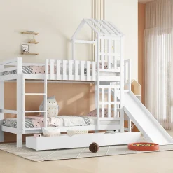 Lit superposé 90x200 cm - Lit enfant avec espacement de 92,8 cm - Bois massif + MDF - Sans matelas - Blanc