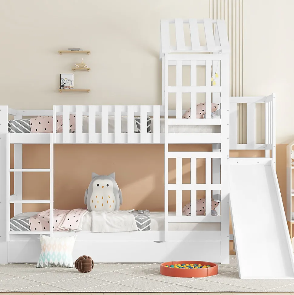 Lit superposé 90x200 cm - Lit enfant avec espacement de 92,8 cm - Bois massif + MDF - Sans matelas - Blanc