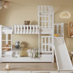 Lit superposé 90x200 cm - Lit enfant avec espacement de 92,8 cm - Bois massif + MDF - Sans matelas - Blanc