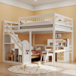 Lit superposé 140x200 cm - Lit enfant avec escalier et rangement - Pin massif + MDF - Sans matelas - Blanc