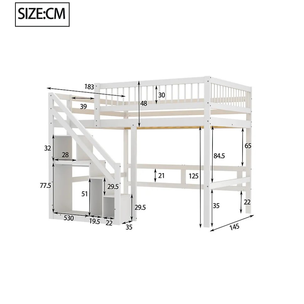 Lit superposé 140x200 cm - Lit enfant avec escalier et rangement - Pin massif + MDF - Sans matelas - Blanc