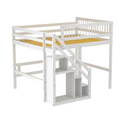 Lit superposé 140x200 cm - Lit enfant avec escalier et rangement - Pin massif + MDF - Sans matelas - Blanc