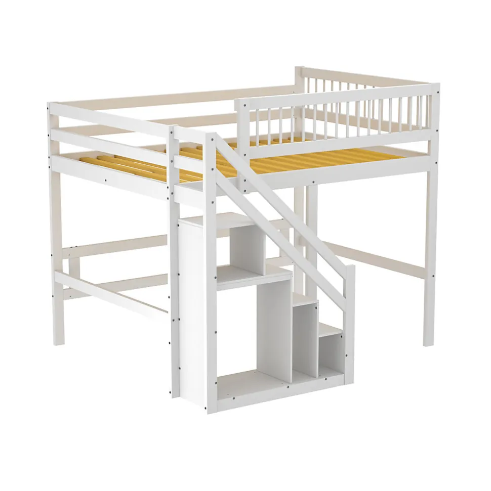 Lit superposé 140x200 cm - Lit enfant avec escalier et rangement - Pin massif + MDF - Sans matelas - Blanc