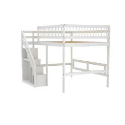 Lit superposé 140x200 cm - Lit enfant avec escalier et rangement - Pin massif + MDF - Sans matelas - Blanc