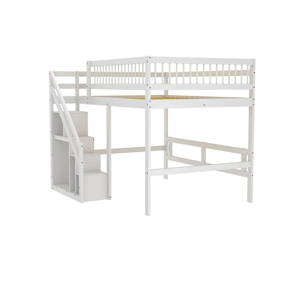 Lit superposé 140x200 cm - Lit enfant avec escalier et rangement - Pin massif + MDF - Sans matelas - Blanc