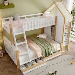 Lit Superposé 90x200 cm - Lit Enfant avec 2 Tiroirs et Barrières de Sécurité - Design Bois - Sans Matelas - Blanc+Naturel