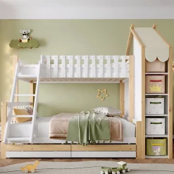 Lit Superposé 90x200 cm - Lit Enfant avec 2 Tiroirs et Barrières de Sécurité - Design Bois - Sans Matelas - Blanc+Naturel