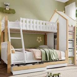 Lit Superposé 90x200 cm - Lit Enfant avec 2 Tiroirs et Barrières de Sécurité - Design Bois - Sans Matelas - Blanc+Naturel