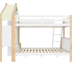 Lit Superposé 90x200 cm - Lit Enfant avec 2 Tiroirs et Barrières de Sécurité - Design Bois - Sans Matelas - Blanc+Naturel