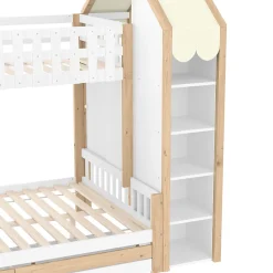 Lit Superposé 90x200 cm - Lit Enfant avec 2 Tiroirs et Barrières de Sécurité - Design Bois - Sans Matelas - Blanc+Naturel