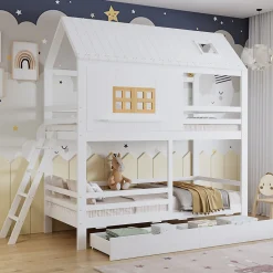 Lit Superposé 90x200 cm - Lit Enfant Cabane avec Toit, Fenêtres et Échelle, 2 Grands Tiroirs, MDF, Blanc et Naturel, sans Matelas