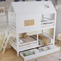 Lit Superposé 90x200 cm - Lit Enfant Cabane avec Toit, Fenêtres et Échelle, 2 Grands Tiroirs, MDF, Blanc et Naturel, sans Matelas