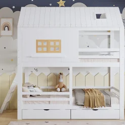 Lit Superposé 90x200 cm - Lit Enfant Cabane avec Toit, Fenêtres et Échelle, 2 Grands Tiroirs, MDF, Blanc et Naturel, sans Matelas