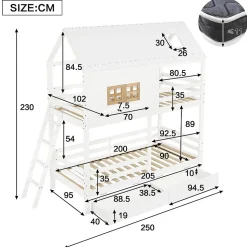 Lit Superposé 90x200 cm - Lit Enfant Cabane avec Toit, Fenêtres et Échelle, 2 Grands Tiroirs, MDF, Blanc et Naturel, sans Matelas
