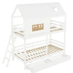 Lit Superposé 90x200 cm - Lit Enfant Cabane avec Toit, Fenêtres et Échelle, 2 Grands Tiroirs, MDF, Blanc et Naturel, sans Matelas