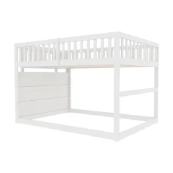 Lit Superposé 140x200 cm - Lit Junior avec Rangement, Cadre en Bois avec Clôture, Sans Matelas, Blanc
