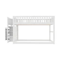 Lit Superposé 140x200 cm - Lit Junior avec Rangement, Cadre en Bois avec Clôture, Sans Matelas, Blanc