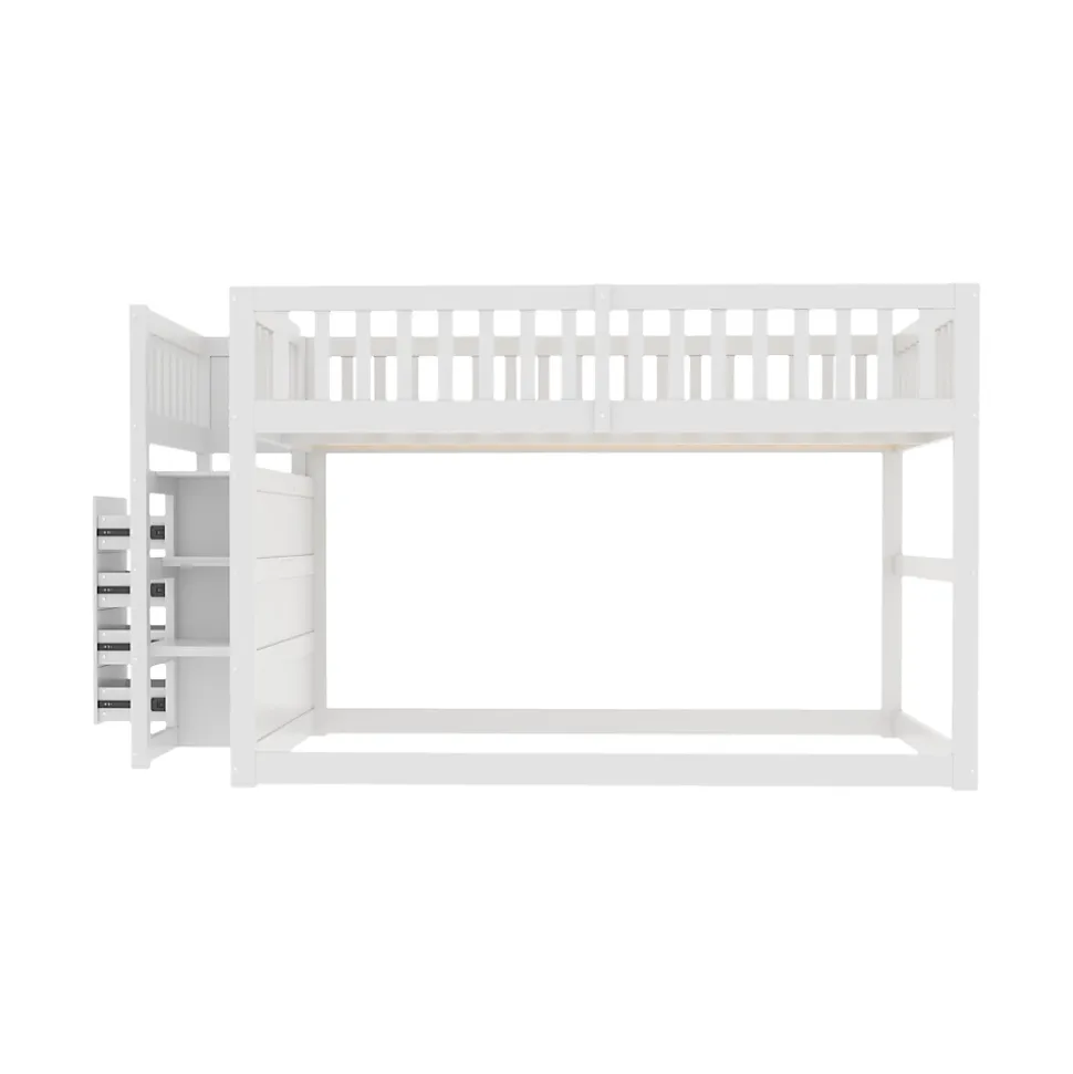 Lit Superposé 140x200 cm - Lit Junior avec Rangement, Cadre en Bois avec Clôture, Sans Matelas, Blanc