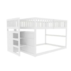 Lit Superposé 140x200 cm - Lit Junior avec Rangement, Cadre en Bois avec Clôture, Sans Matelas, Blanc