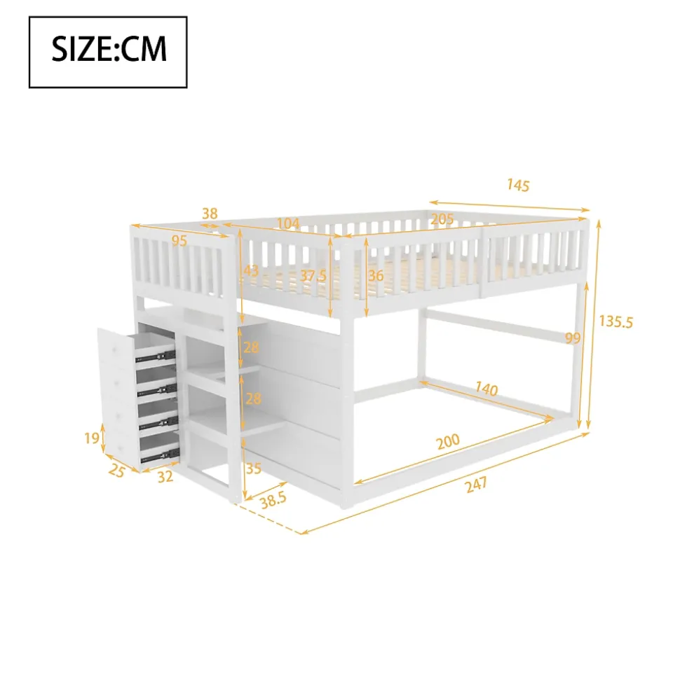 Lit Superposé 140x200 cm - Lit Junior avec Rangement, Cadre en Bois avec Clôture, Sans Matelas, Blanc