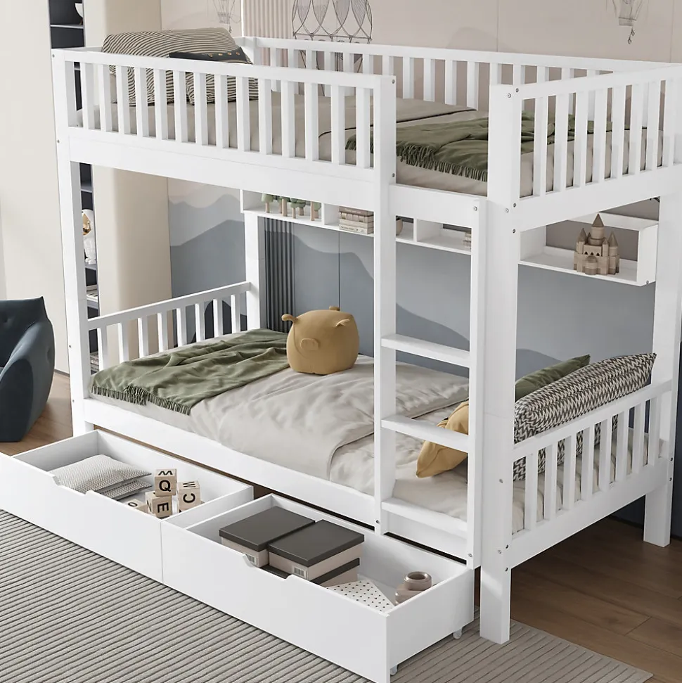 Lit superposé 90x200 cm - Lit simple avec rangement et étagères, tiroirs intégrés, structure en pin et MDF - Sans matelas - Blanc