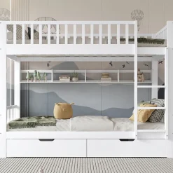 Lit superposé 90x200 cm - Lit simple avec rangement et étagères, tiroirs intégrés, structure en pin et MDF - Sans matelas - Blanc