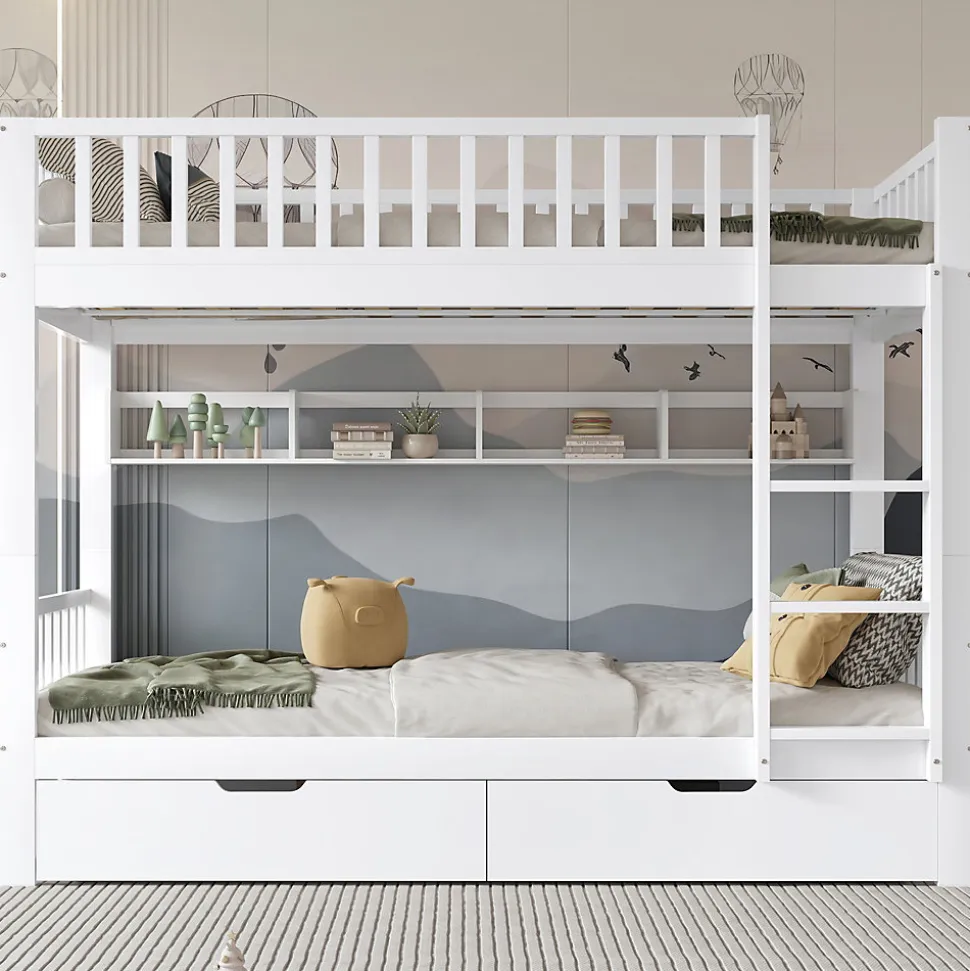 Lit superposé 90x200 cm - Lit simple avec rangement et étagères, tiroirs intégrés, structure en pin et MDF - Sans matelas - Blanc