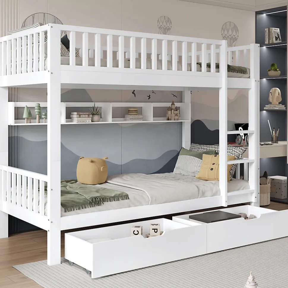 Lit superposé 90x200 cm - Lit simple avec rangement et étagères, tiroirs intégrés, structure en pin et MDF - Sans matelas - Blanc