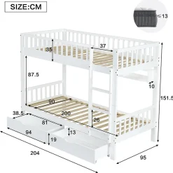 Lit superposé 90x200 cm - Lit simple avec rangement et étagères, tiroirs intégrés, structure en pin et MDF - Sans matelas - Blanc