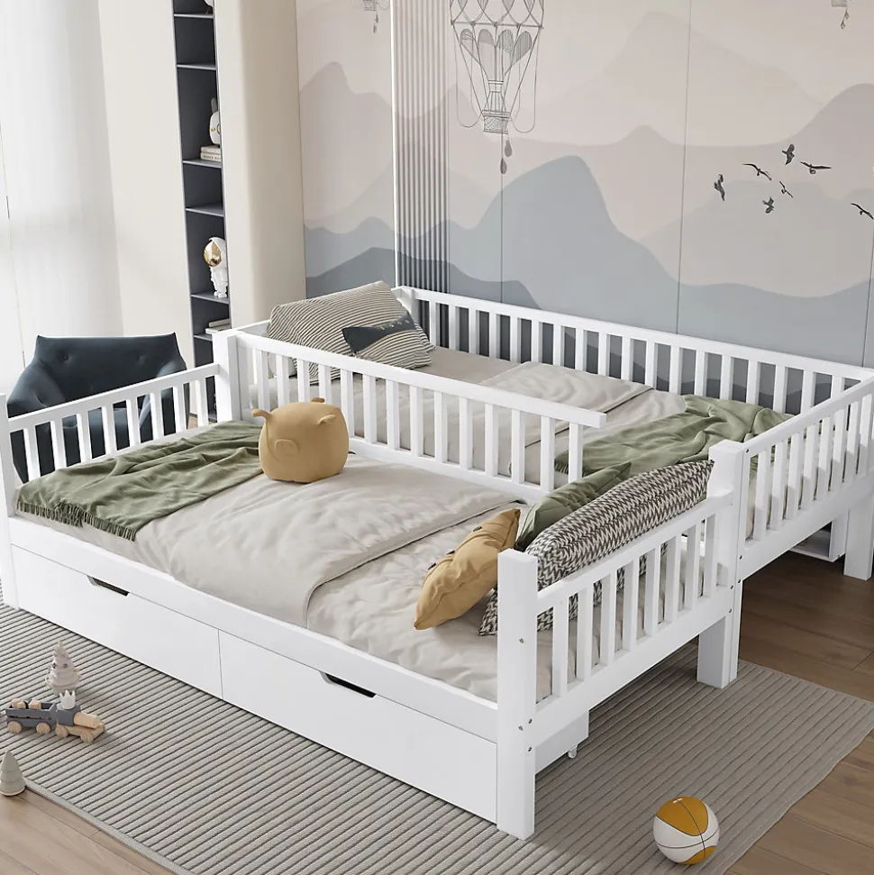 Lit superposé 90x200 cm - Lit simple avec rangement et étagères, tiroirs intégrés, structure en pin et MDF - Sans matelas - Blanc