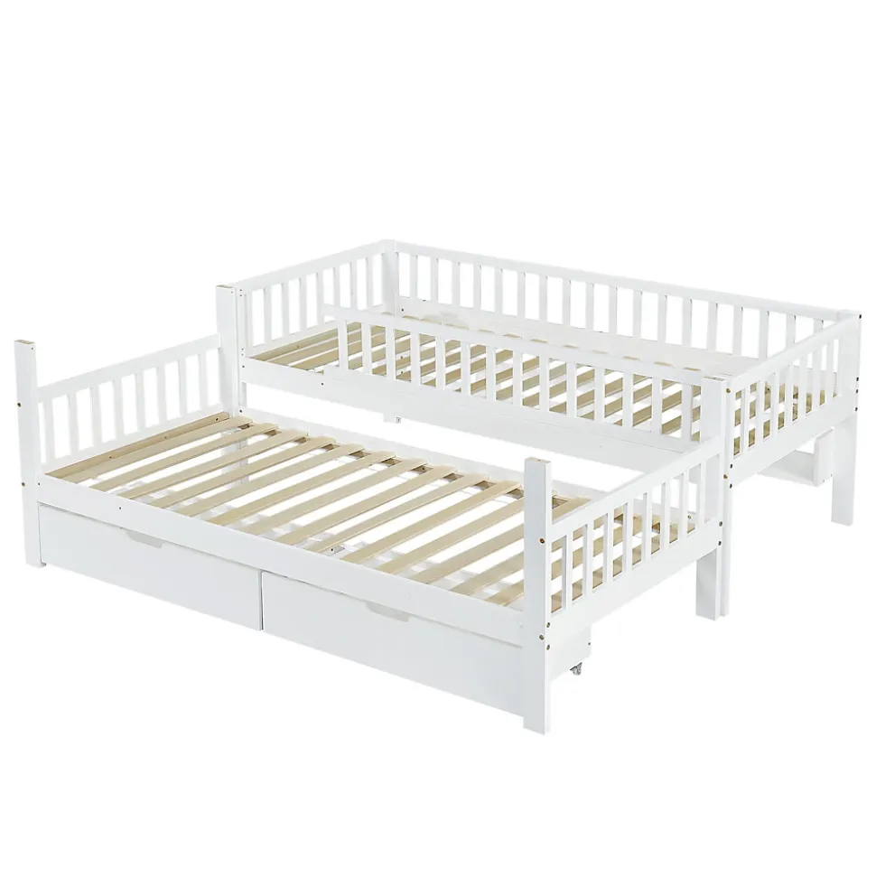 Lit superposé 90x200 cm - Lit simple avec rangement et étagères, tiroirs intégrés, structure en pin et MDF - Sans matelas - Blanc