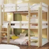 Lit superposé 90x190 cm - Lit triple - Avec échelle de sécurité - Blanc + naturel (matelas non inclus)