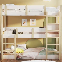 Lit superposé 90x190 cm - Lit triple - Avec échelle de sécurité - Blanc + naturel (matelas non inclus)