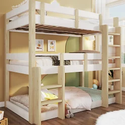 Lit superposé 90x190 cm - Lit triple - Avec échelle de sécurité - Blanc + naturel (matelas non inclus)