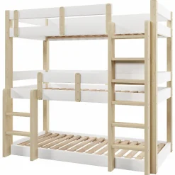 Lit superposé 90x190 cm - Lit triple - Avec échelle de sécurité - Blanc + naturel (matelas non inclus)